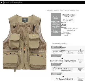 Detailansicht der khakifarbenen Outdoor-Weste mit Taschen und Mesh-Rückseite