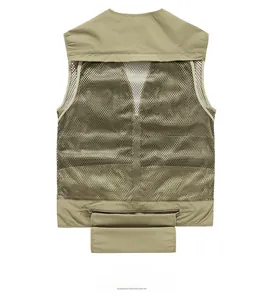 Rear view of khaki fishing vest showing breathable mesh and a wide zippered back pocket