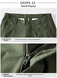 Detail of army green cotton shorts featuring button waist and durable metal zipper
