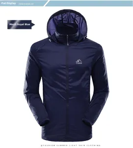Close-up of lightweight men's sun protection jacket with hood and fashion logo