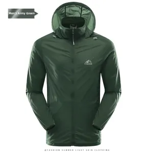 Detail view of military green sun protection jacket with drawstring hood and logo