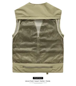 Rear view of khaki mesh fishing vest showing breathable texture and lower zipper pocket