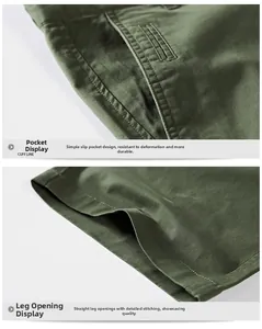Detail view of olive green casual shorts showing pocket design and straight leg stitching