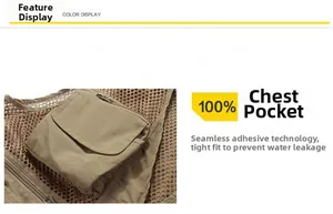 Detail der khakifarbenen Outdoor-Netzweste mit nahtloser, heißgepresster Brusttasche
