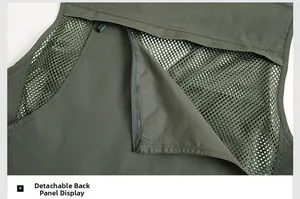 Dettaglio gilet da pesca in mesh verde militare con retro rimovibile traspirante