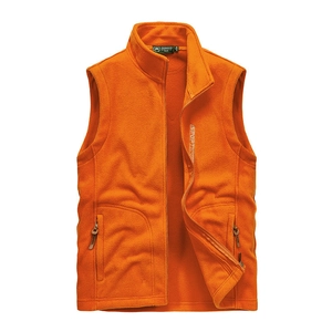 Men's outdoor orange polar fleece vest with stand collar and zipper pockets for spring