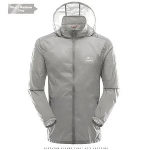 Detail of men's lightweight grey sun protection jacket with hood and chest logo print