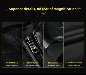 Detailed close-up of leather jacket zipper, neat stitching, and elastic ribbed hemline