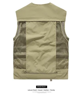Back view of khaki fishing vest showing breathable mesh and functional zipper pocket