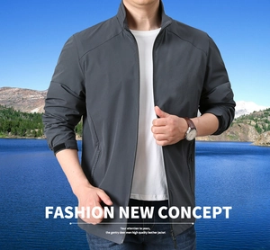 Close-up of a men's stand-collar windbreaker jacket featuring adjustable velcro cuffs