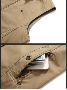 Detail of khaki outdoor vest with Free Spirit 1941 embroidery and large snap zipper pocket