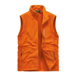 Bright orange fleece vest for men with stand collar and functional zip pockets