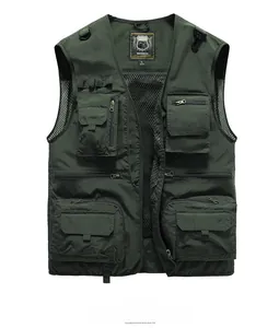 Detail of military green cargo vest with multi-pockets and breathable mesh lining