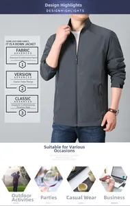 Close-up of a men's dark grey standing collar jacket with metallic zipper and side pockets