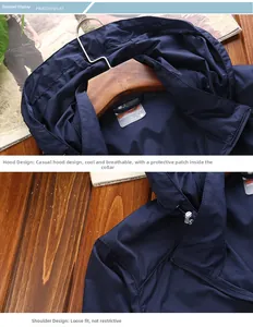 Detail of navy blue hooded jacket featuring protective neck guard and breathable fabric