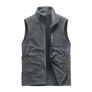Men's outdoor dark grey fleece vest with stand collar and sport zipper pockets