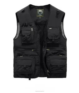 Detailed front view of black outdoor utility vest with multi-pockets and breathable mesh