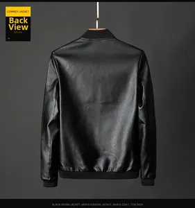 Back view of a slim fit black faux leather jacket with ribbed collar and cuffs