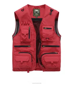 Detail of multi-pocket outdoor vest featuring breathable mesh lining and durable zippers