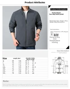 Size chart table with measurements in CM for men's casual stand collar jacket sizes M to 5XL