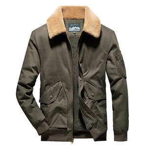 Men's olive military canvas jacket with warm fleece lining and thick shearling collar