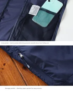 Detail of navy sun protection jacket featuring secure mesh inner pocket and zip outer pocket