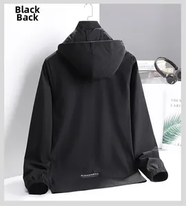 Rear view of a black lightweight hooded jacket with elastic cuffs and printed logo
