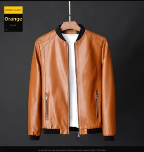 Detail of slim-fit orange leather biker jacket featuring black ribbed cuffs and collar