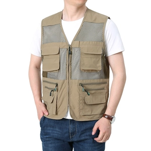 Gilet da pesca uomo kaki con inserti in rete traspirante e tasche multifunzionali