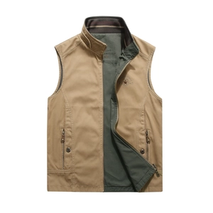 Men's Reversible Cotton Outdoor Vest Multi-Pocket Casual Fishing Photography Waistcoat Stand Collar Utility Reversible Vest For Men