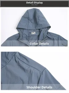 Détail de l'encolure et de l'épaule d'une veste de protection solaire bleue légère