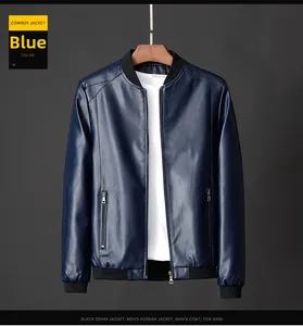 Detail of navy blue slim fit faux leather jacket with metal zipper and ribbed cuffs