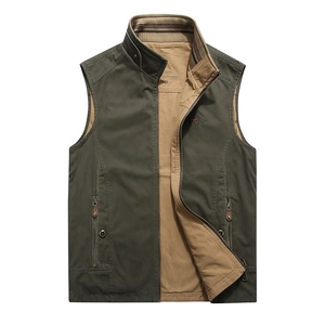 Men's olive green reversible vest with stand collar and functional zipper pockets