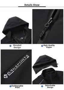 Detail of black outdoor jacket with detachable hood, zipper, and breathable mesh lining