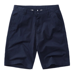 Classic men's navy blue casual cotton chino shorts with a minimalist loose fit and pockets