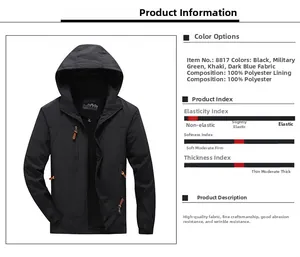 Detailed spec sheet for lightweight windbreaker with 100% polyester fabric details
