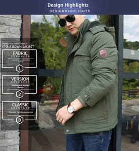 Detail of olive green winter parka showing fleece collar and embroidery on windproof fabric