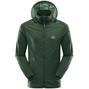 Men's lightweight hooded sun protection jacket in dark green with mountain chest print