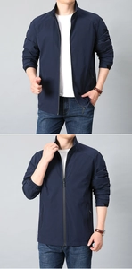 Detail of navy blue men's jacket showing stand collar and adjustable velcro cuffs