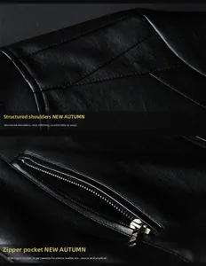 Detail of slim fit black leather jacket featuring premium stitching and metal zipper