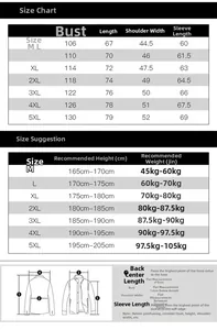 Detailed size chart for men's casual jacket showing measurements from size M to 5XL