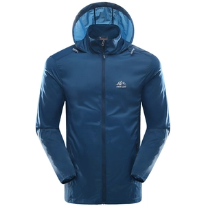 Men's lightweight navy sun protection jacket with hood and water-resistant fabric
