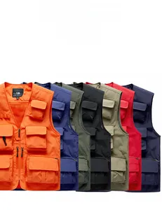 Outdoor utility vest with multi-pocket design shown in seven different vibrant colors