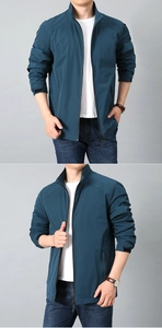 Close-up of teal stand-up collar jacket with front zipper and adjustable velcro cuffs