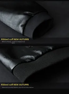 Close-up of windproof ribbed cuffs and hem texture on men's black leather jacket