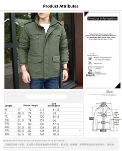 Size chart and measurements for men's winter padded outdoor jacket with hood and pockets