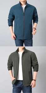 Detail of men's casual stand collar jackets in navy and green with zip pockets