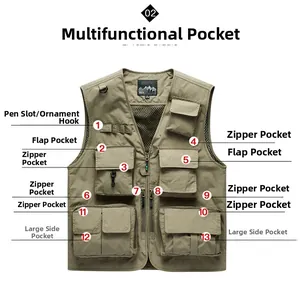 Detail view of khaki outdoor vest with 13 functional pockets and breathable mesh lining