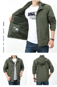 Detail view of military green hooded windbreaker showing breathable mesh lining and pockets