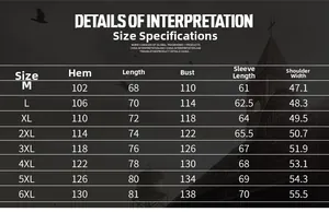 Tableau des tailles détaillé pour veste à capuche homme, mesures du M au 6XL inclus
